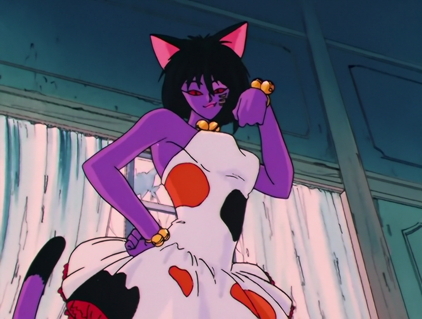 Nekonneru, a Daimon from Sailor Moon episode 91. She has purple skin - or is that fur? - and black hair. She also has black cat ears and a purple tail with a black tip. Her dress is white with orange and black spots.